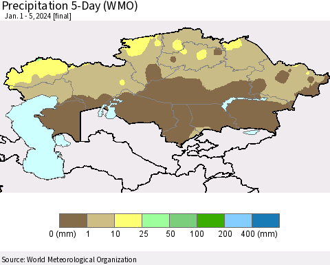 Kazakhstan Precipitation 5-Day (WMO) Thematic Map For 1/1/2024 - 1/5/2024
