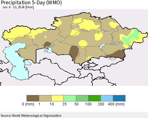 Kazakhstan Precipitation 5-Day (WMO) Thematic Map For 1/6/2024 - 1/10/2024