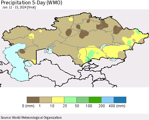 Kazakhstan Precipitation 5-Day (WMO) Thematic Map For 1/11/2024 - 1/15/2024