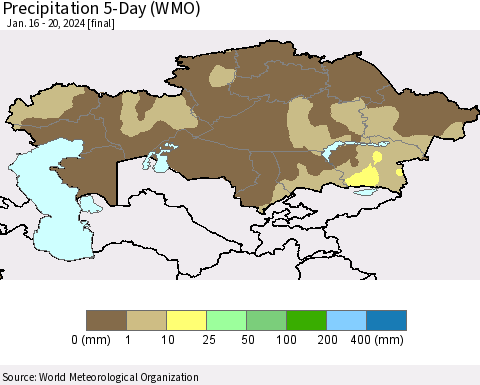 Kazakhstan Precipitation 5-Day (WMO) Thematic Map For 1/16/2024 - 1/20/2024