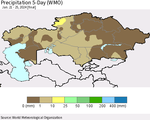 Kazakhstan Precipitation 5-Day (WMO) Thematic Map For 1/21/2024 - 1/25/2024