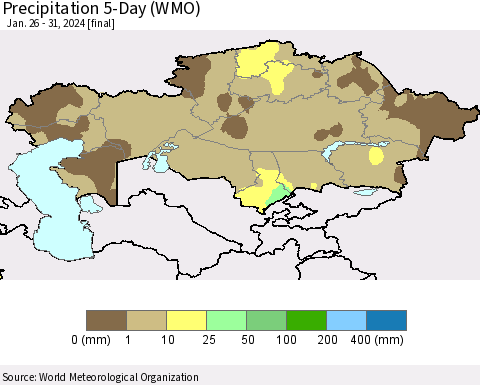 Kazakhstan Precipitation 5-Day (WMO) Thematic Map For 1/26/2024 - 1/31/2024