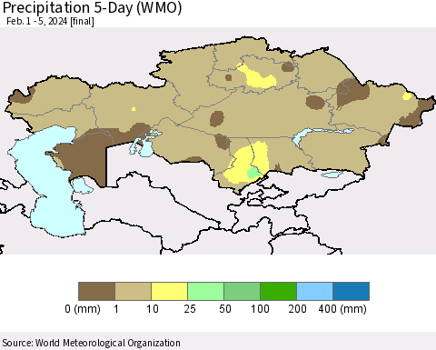 Kazakhstan Precipitation 5-Day (WMO) Thematic Map For 2/1/2024 - 2/5/2024