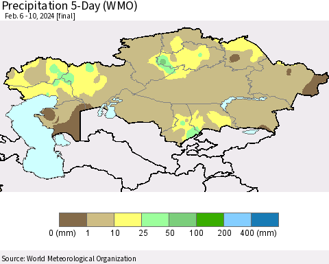 Kazakhstan Precipitation 5-Day (WMO) Thematic Map For 2/6/2024 - 2/10/2024