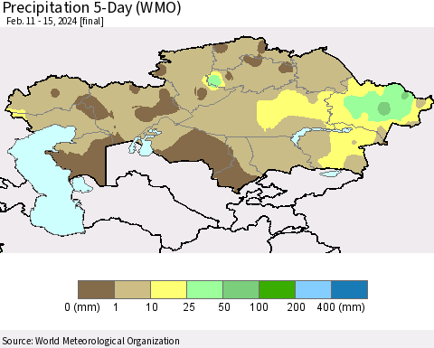 Kazakhstan Precipitation 5-Day (WMO) Thematic Map For 2/11/2024 - 2/15/2024