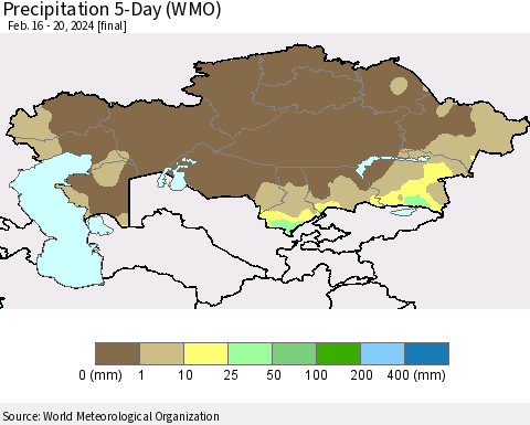 Kazakhstan Precipitation 5-Day (WMO) Thematic Map For 2/16/2024 - 2/20/2024