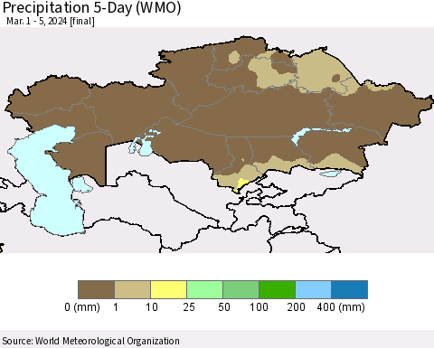 Kazakhstan Precipitation 5-Day (WMO) Thematic Map For 3/1/2024 - 3/5/2024