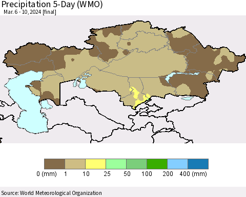 Kazakhstan Precipitation 5-Day (WMO) Thematic Map For 3/6/2024 - 3/10/2024