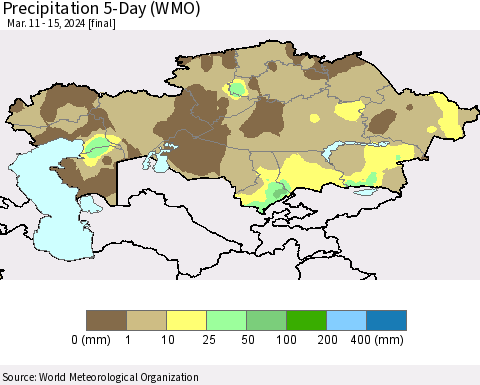 Kazakhstan Precipitation 5-Day (WMO) Thematic Map For 3/11/2024 - 3/15/2024
