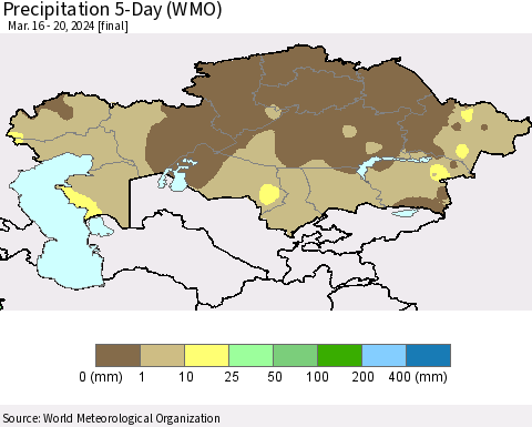 Kazakhstan Precipitation 5-Day (WMO) Thematic Map For 3/16/2024 - 3/20/2024