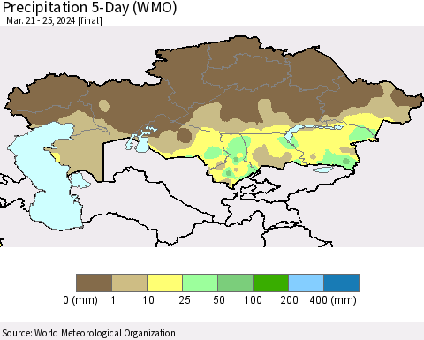 Kazakhstan Precipitation 5-Day (WMO) Thematic Map For 3/21/2024 - 3/25/2024