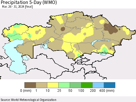 Kazakhstan Precipitation 5-Day (WMO) Thematic Map For 3/26/2024 - 3/31/2024