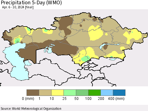 Kazakhstan Precipitation 5-Day (WMO) Thematic Map For 4/6/2024 - 4/10/2024