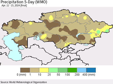 Kazakhstan Precipitation 5-Day (WMO) Thematic Map For 4/11/2024 - 4/15/2024