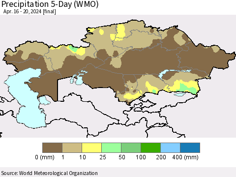 Kazakhstan Precipitation 5-Day (WMO) Thematic Map For 4/16/2024 - 4/20/2024