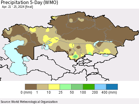 Kazakhstan Precipitation 5-Day (WMO) Thematic Map For 4/21/2024 - 4/25/2024