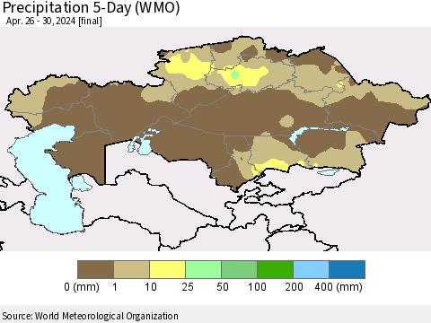 Kazakhstan Precipitation 5-Day (WMO) Thematic Map For 4/26/2024 - 4/30/2024