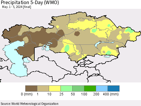 Kazakhstan Precipitation 5-Day (WMO) Thematic Map For 5/1/2024 - 5/5/2024