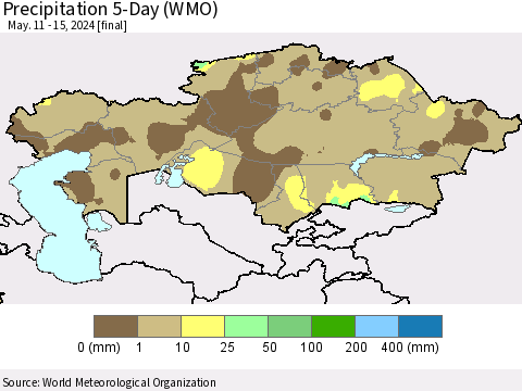 Kazakhstan Precipitation 5-Day (WMO) Thematic Map For 5/11/2024 - 5/15/2024