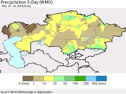 Kazakhstan Precipitation 5-Day (WMO) Thematic Map For 5/16/2024 - 5/20/2024