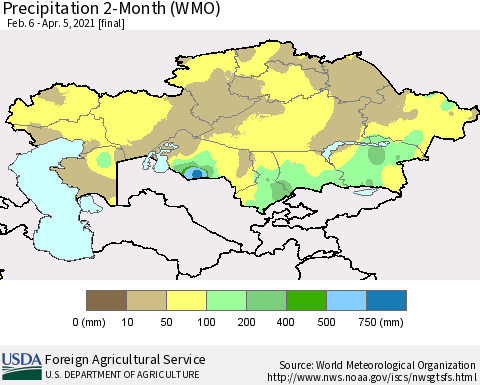 Kazakhstan Precipitation 2-Month (WMO) Thematic Map For 2/6/2021 - 4/5/2021