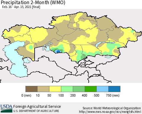 Kazakhstan Precipitation 2-Month (WMO) Thematic Map For 2/16/2021 - 4/15/2021