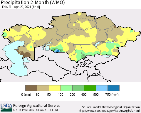 Kazakhstan Precipitation 2-Month (WMO) Thematic Map For 2/21/2021 - 4/20/2021