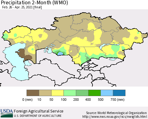 Kazakhstan Precipitation 2-Month (WMO) Thematic Map For 2/26/2021 - 4/25/2021
