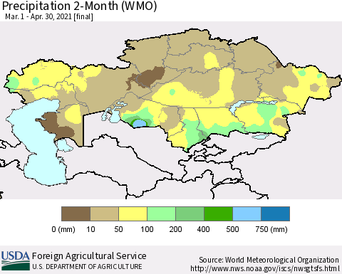 Kazakhstan Precipitation 2-Month (WMO) Thematic Map For 3/1/2021 - 4/30/2021