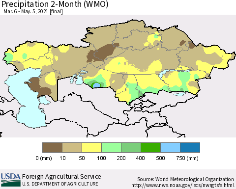 Kazakhstan Precipitation 2-Month (WMO) Thematic Map For 3/6/2021 - 5/5/2021