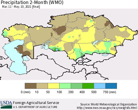 Kazakhstan Precipitation 2-Month (WMO) Thematic Map For 3/11/2021 - 5/10/2021