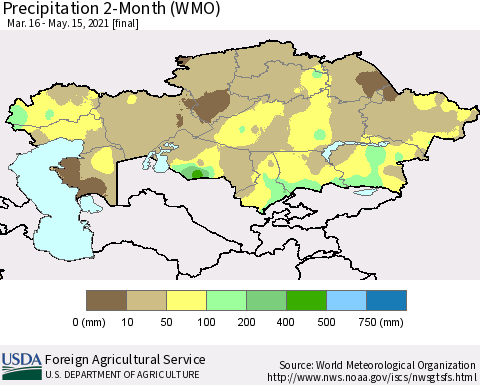 Kazakhstan Precipitation 2-Month (WMO) Thematic Map For 3/16/2021 - 5/15/2021