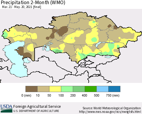 Kazakhstan Precipitation 2-Month (WMO) Thematic Map For 3/21/2021 - 5/20/2021