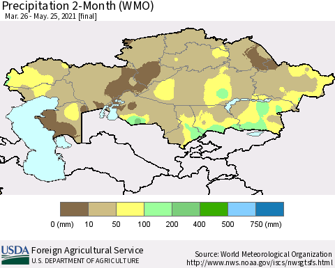 Kazakhstan Precipitation 2-Month (WMO) Thematic Map For 3/26/2021 - 5/25/2021