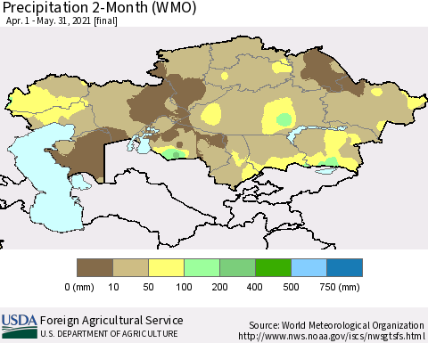 Kazakhstan Precipitation 2-Month (WMO) Thematic Map For 4/1/2021 - 5/31/2021