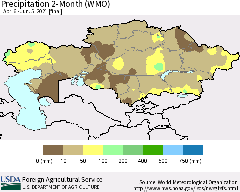 Kazakhstan Precipitation 2-Month (WMO) Thematic Map For 4/6/2021 - 6/5/2021