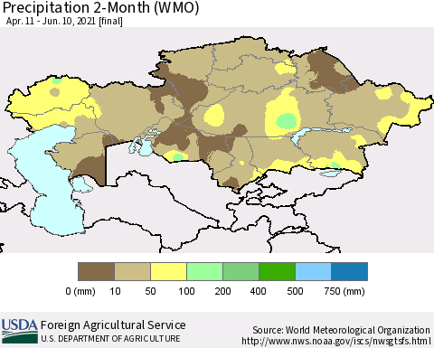 Kazakhstan Precipitation 2-Month (WMO) Thematic Map For 4/11/2021 - 6/10/2021