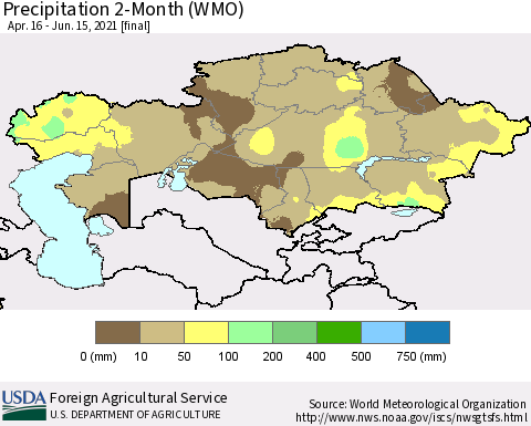 Kazakhstan Precipitation 2-Month (WMO) Thematic Map For 4/16/2021 - 6/15/2021