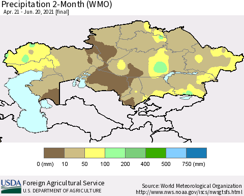 Kazakhstan Precipitation 2-Month (WMO) Thematic Map For 4/21/2021 - 6/20/2021
