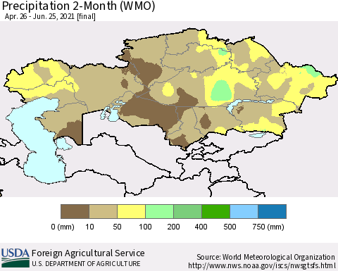 Kazakhstan Precipitation 2-Month (WMO) Thematic Map For 4/26/2021 - 6/25/2021