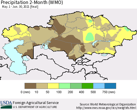 Kazakhstan Precipitation 2-Month (WMO) Thematic Map For 5/1/2021 - 6/30/2021