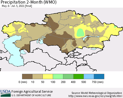Kazakhstan Precipitation 2-Month (WMO) Thematic Map For 5/6/2021 - 7/5/2021