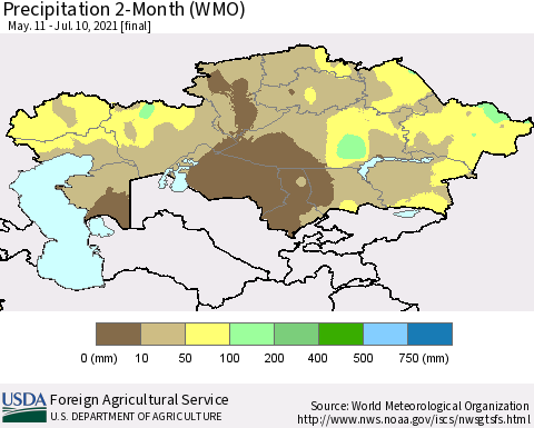 Kazakhstan Precipitation 2-Month (WMO) Thematic Map For 5/11/2021 - 7/10/2021