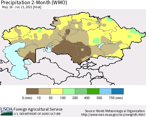Kazakhstan Precipitation 2-Month (WMO) Thematic Map For 5/16/2021 - 7/15/2021