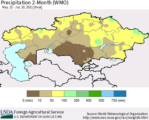 Kazakhstan Precipitation 2-Month (WMO) Thematic Map For 5/21/2021 - 7/20/2021