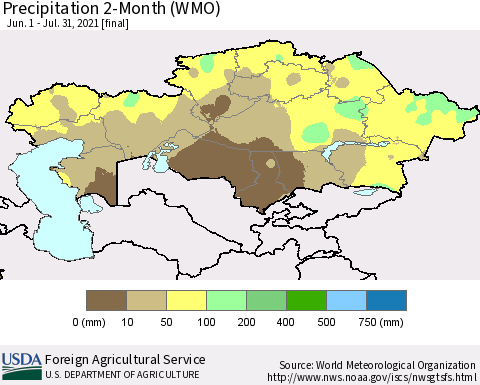 Kazakhstan Precipitation 2-Month (WMO) Thematic Map For 6/1/2021 - 7/31/2021