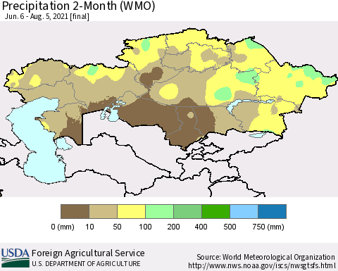 Kazakhstan Precipitation 2-Month (WMO) Thematic Map For 6/6/2021 - 8/5/2021