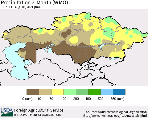 Kazakhstan Precipitation 2-Month (WMO) Thematic Map For 6/11/2021 - 8/10/2021