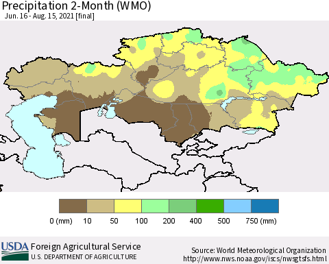 Kazakhstan Precipitation 2-Month (WMO) Thematic Map For 6/16/2021 - 8/15/2021