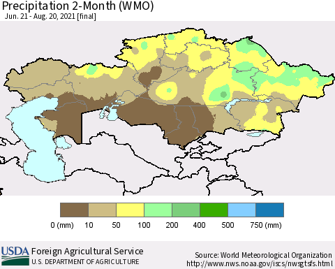 Kazakhstan Precipitation 2-Month (WMO) Thematic Map For 6/21/2021 - 8/20/2021